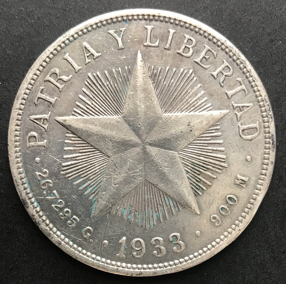 CUBA 1933 UN PESO FIRST REPUBLIC COIN XF
