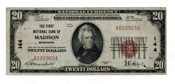 🇺🇸 1929 $20 TWENTY DOLLARS THE FIRST NATIONAL BANK OF MADISON WISCONSIN NOTE
